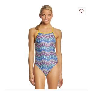 NWT New THE FINALS Athletic Racing Swimsuit Rainbow Tribe Vibe Blue 30 Sz 4